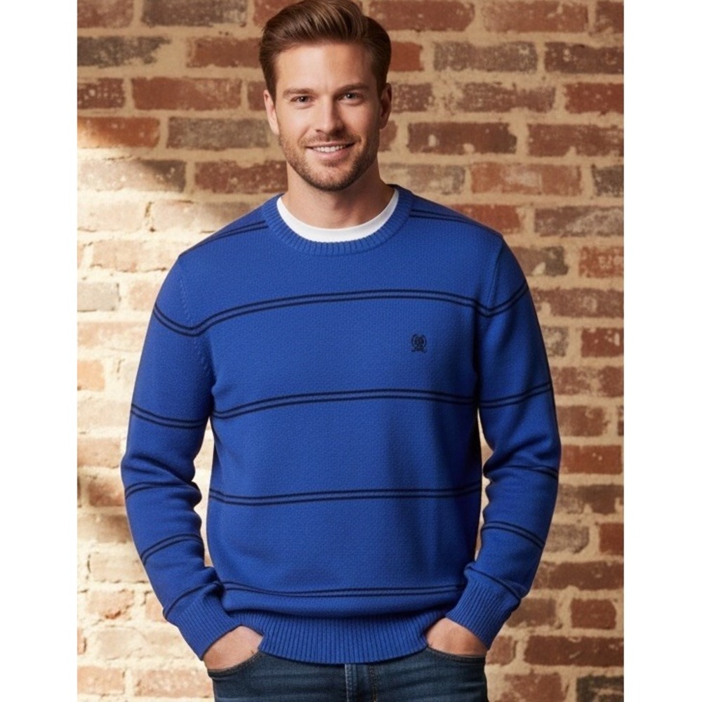 Tommy Hilfiger Crest Sweater Mens Large Blue Navy Striped Crewneck‎ Ribbed Knit